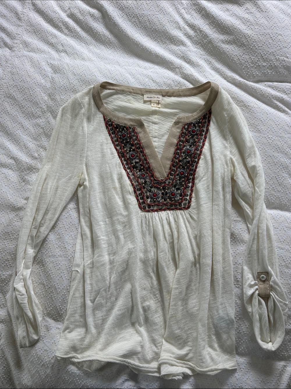Meadow Rue Cream Embroidered V‑Neck Tunic with Red tan and grey  Accents